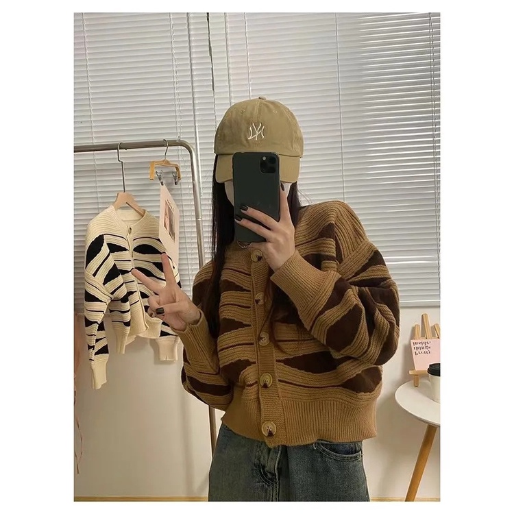 SUXI Áo Khoác Cardigan Dệt Kim Tay Dài Dáng Rộng Họa Tiết Kẻ Sọc Thời Trang Mùa Thu Cho Nữ