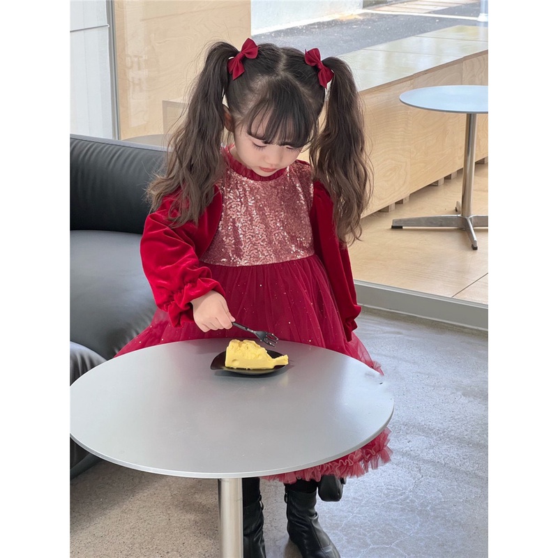 🐰🍂Đầm Đỏ Tay Dài VÁY XÒE Đáng Iu Cho Bé Gái. Mẫu Đầm Dài Tay Thu Đông Dành Cho Bé Gái.