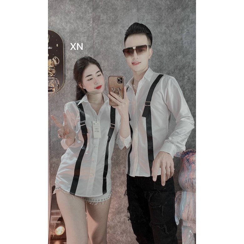 áo sơ mi nam nữ dài tay hoạ tiết hai dây đen trắng chất liệu cotton kiểu dáng body hàn quốc af035