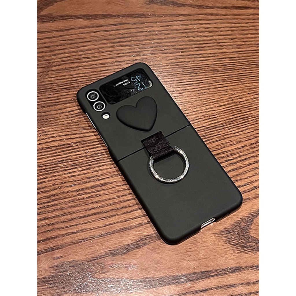 Ốp Điện Thoại Màu Trơn Có Vòng Đỡ Hình Trái Tim 3D Sang Trọng Cho Samsung Galaxy Z Flip 3 4 5G Z Flip3 Flip4 Zflip4