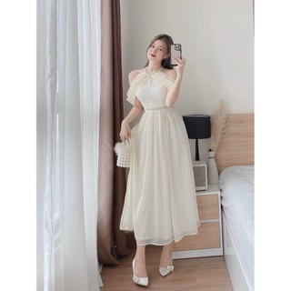 Đầm maxi voan trắng cổ yếm kết cườm ( có mút )