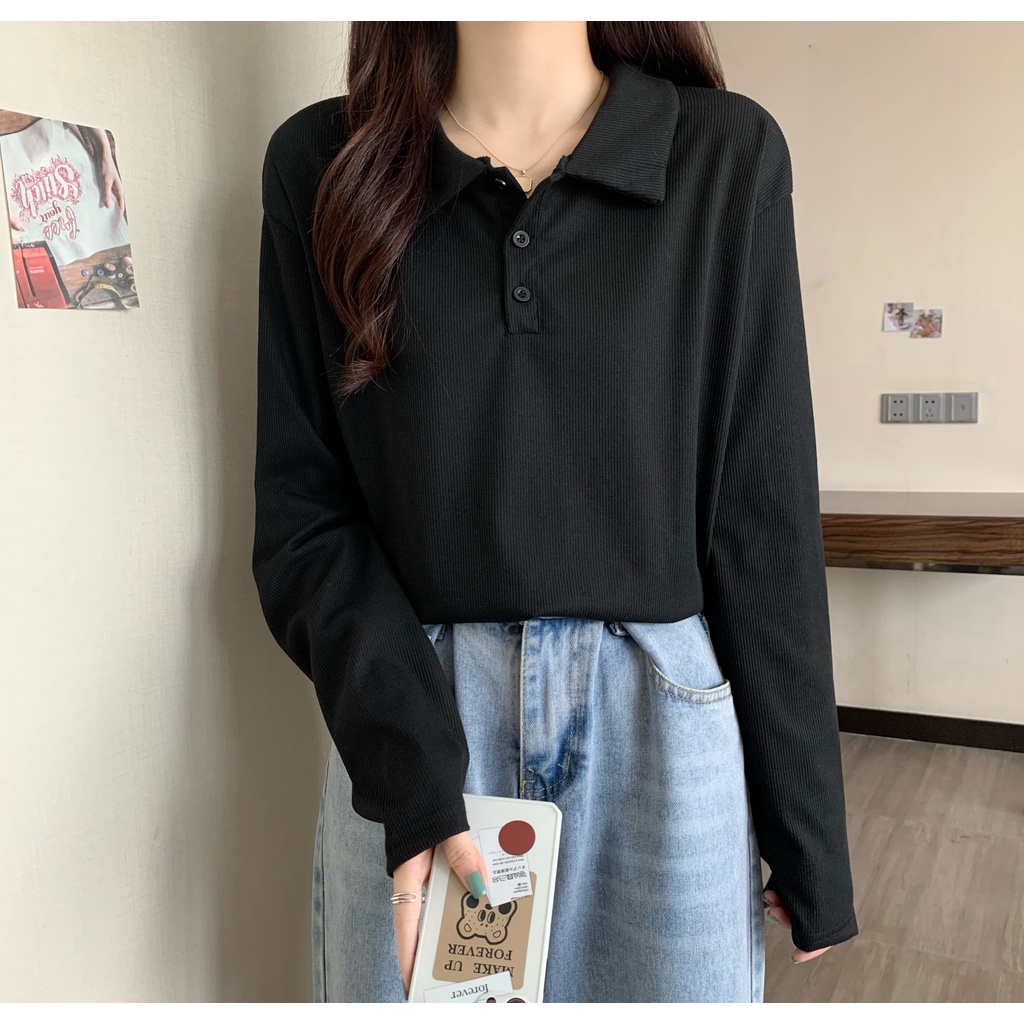Áo Polo nữ dài tay thu đông A068 vải cotton cá sấu thun dài tay cao cấp dáng rộng 2 màu basic dễ phối đồ