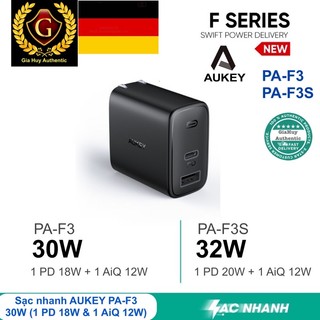 Củ sạc nhanh Aukey PA-F3 30W 02 cổng sạc (1C PD 3.0 18W + 1A AiQ 12W)