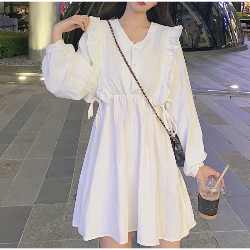 Đầm Nàng Thơ Bigsize Form Babydoll Chữ A Tay Dài Bầu Trắng Đen Ulzzang Hàn Quốc dodo18bigsize