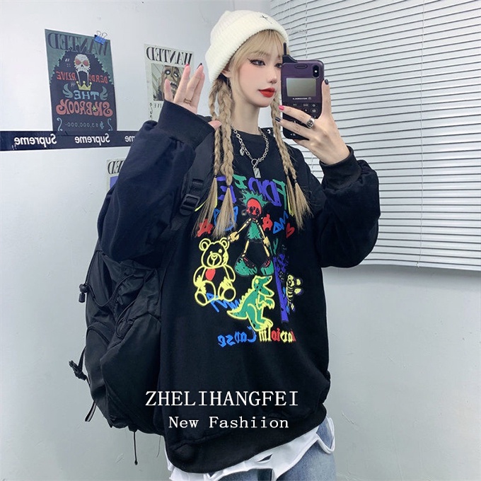 ZHELIHANGFEI Áo Sweater Tay Dài Dáng Rộng In Họa Tiết Trẻ Trung