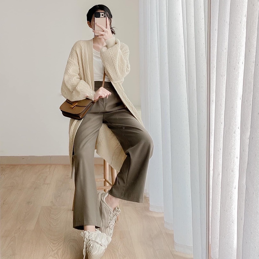 Quần Ống Rộng Basic Nữ MYAN Trousers Suông Cạp Cao Lưng Chun 2 Cúc  Q122203