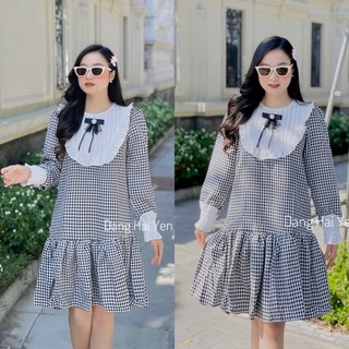 Váy đuôi cá cổ trắng tặng kèm tag nơ kẻ caro dạ mềm tiểu thư hàng sale k đổi trả
