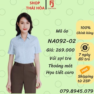 Áo sơ mi Thái Hoà vải sợi tre thoáng mát caro xanh vỏ đậu A092-02
