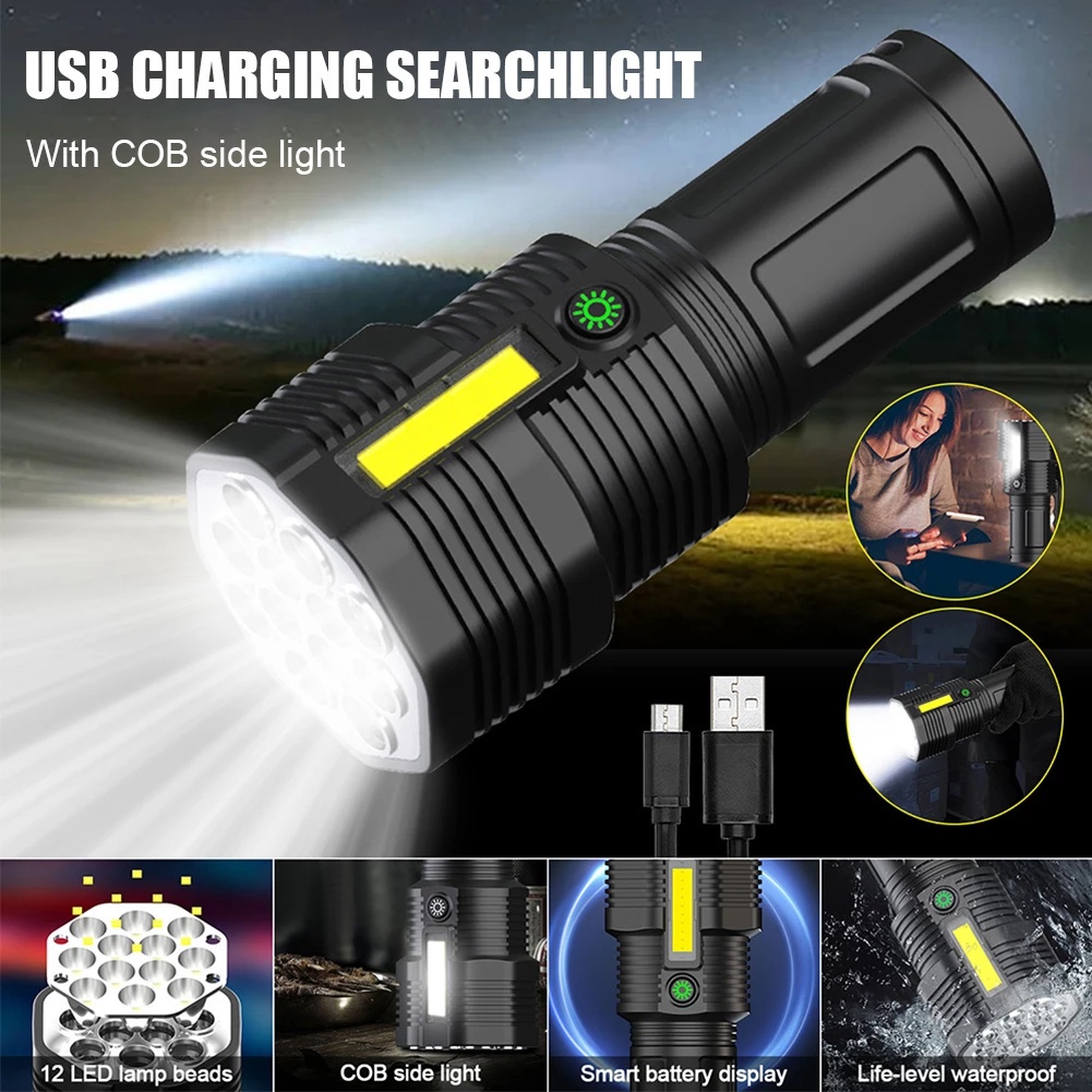 Đèn Pin 12 Bóng LED COB Công Suất Cao Tùy Chỉnh Siêu Bền Chống Thấm Nước Kèm Sạc USB Tiện Dụng Mang Theo Du Lịch / Dã Ngoại