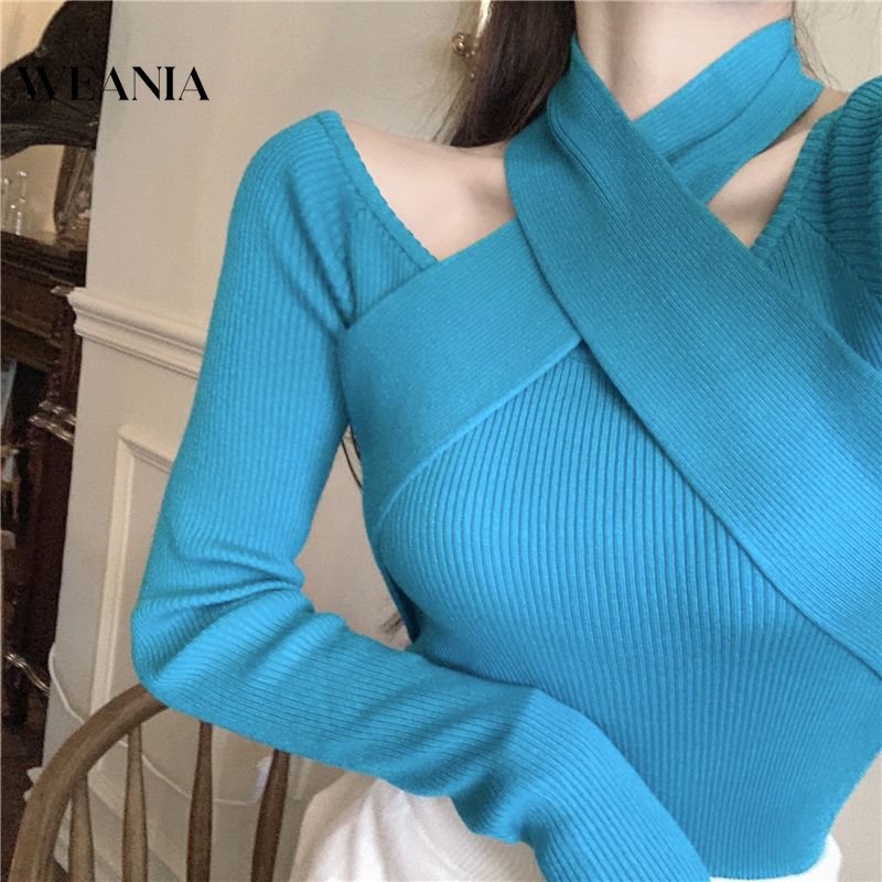 Áo Dệt Kim Tay Dài Khoét Lỗ Dây Đan Chéo Phong Cách Hàn Quốc Thời Trang Cho Nữ