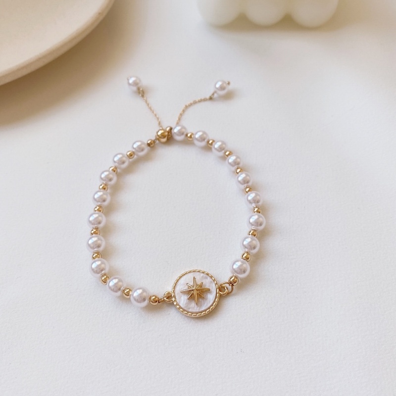 Vòng đeo tay 17KM mạ vàng chuỗi hạt ngọc trai nhân tạo mặt ngôi sao tám cánh thời trang thanh lịch