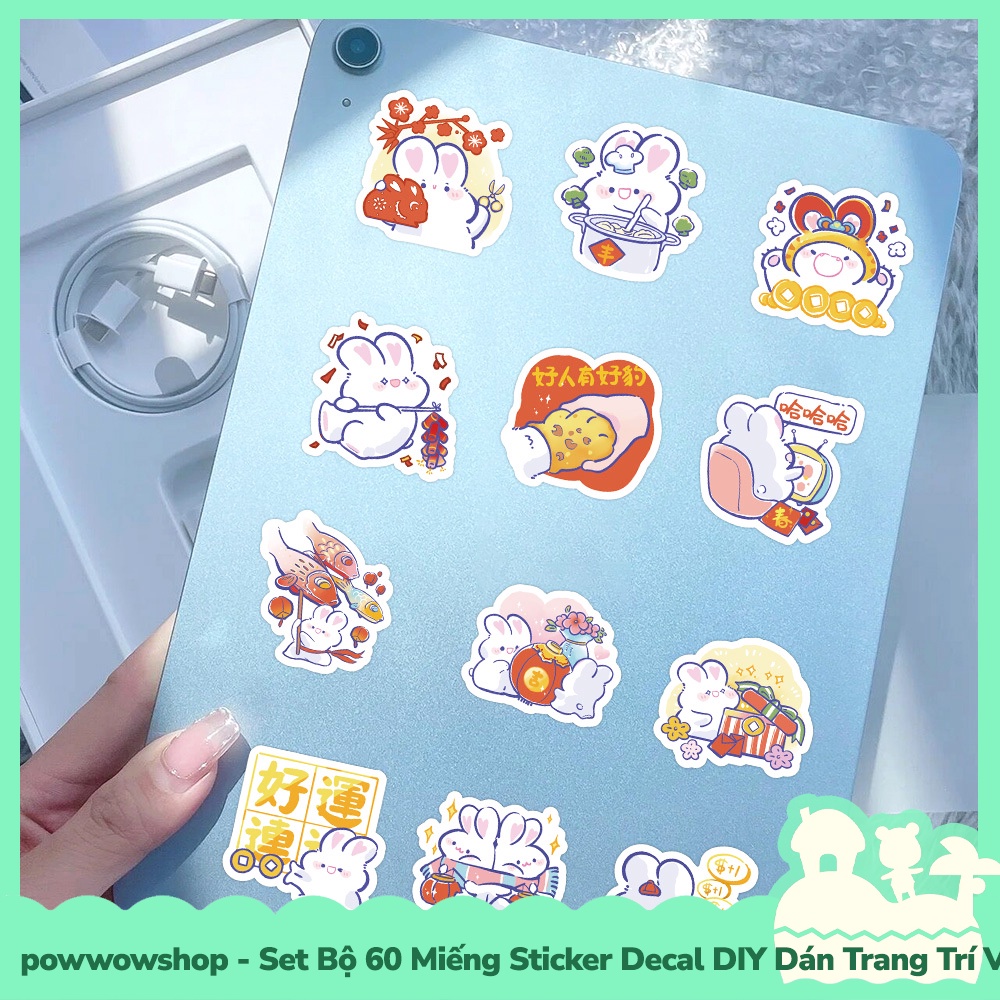 [Sẵn VN - Hỏa Tốc] Set Bộ 60 Miếng Sticker DIY Chống Thấm Nước Dán Trang Trí Vật Dụng Phong Cách Hoạt Hình Thỏ Tết