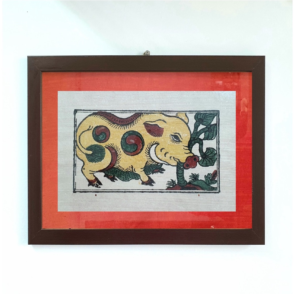 Tranh Đông Hồ Lợn ăn cây ráy (Lợn ráy) khung kính 40x30cm - chỉ giao hoả tốc Hà Nội