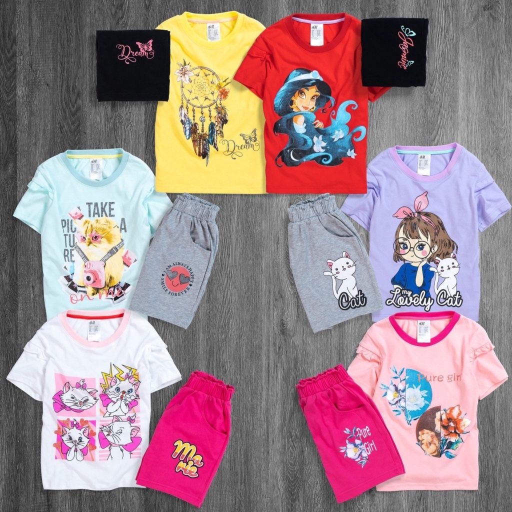 Bộ quần áo H&M cho bé gái 2023 chất lượng cao vải cotton cực đẹp in nhũ hoạt hình cartoon không bong tróc