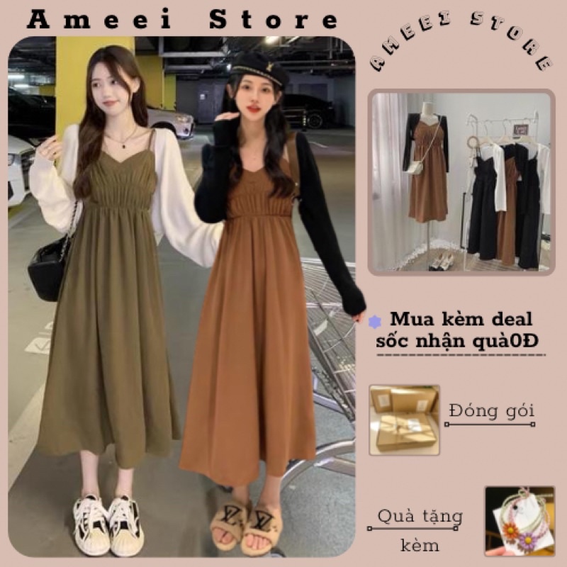 Set váy hai dây suông dài trơn chất len nhung kèm áo croptop len nhún eo đầm bầu phong cách hàn quốc