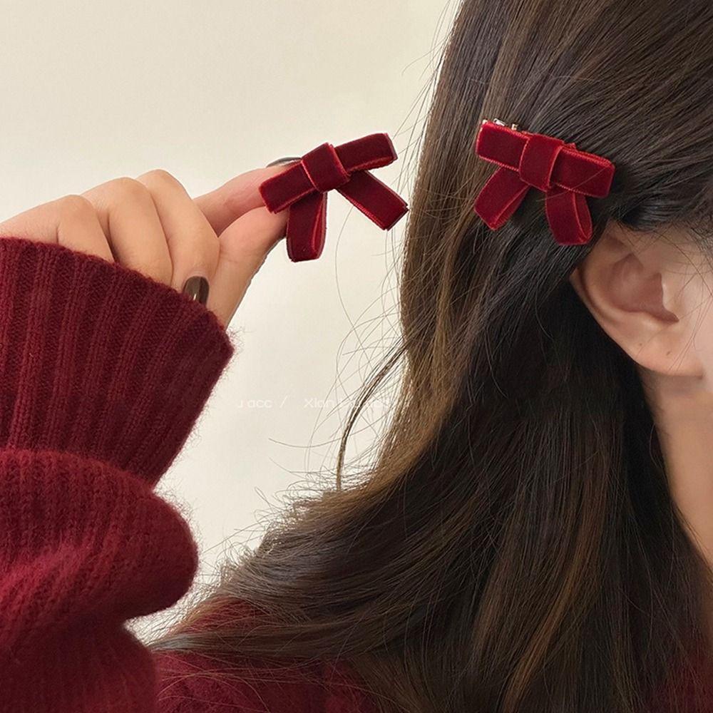 Kẹp Tóc Mỏ Vịt Mini Bằng Vải Nhung Màu Đỏ Ngọt Ngào Phong Cách Hàn Quốc Dành Cho Bạn Gái