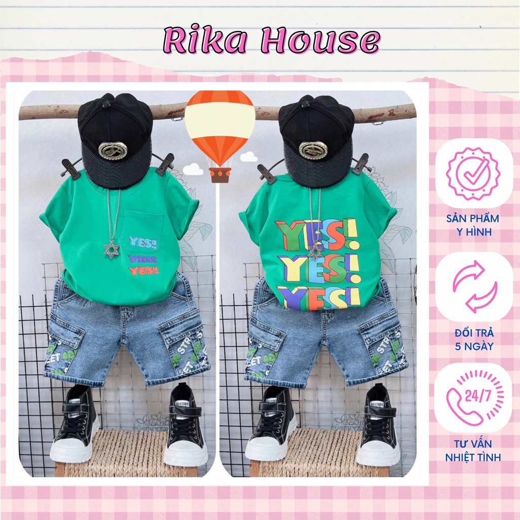 Đồ bộ bé trai, bộ jean túi hộp chữ Yess cool ngầu cho bé trai từ 10 đến 55 kg