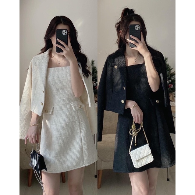 Set váy hai dây kèm áo khoác dạ tweed trắng ngà