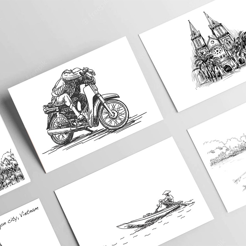 Postcard, thiệp trang trí decor chủ đề Việt Nam ký họa kích thước 10x15 P3 Tặng kèm bao thư kraft cho mỗi postcard