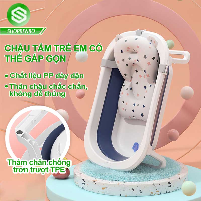 Chậu tắm cho bé từ sơ sinh đến 5 tuổi có cảm biến đo nhiệt độ nước.Thau tắm trẻ em gấp gọn kèm phao tắm và nhiệt kế
