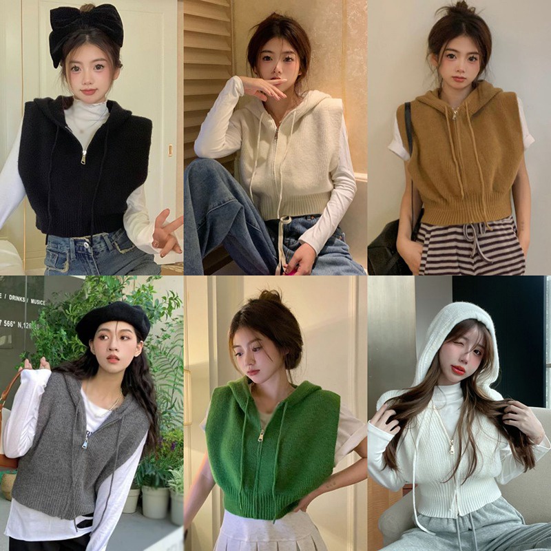 Áo Len Không Tay Có Khóa Kéo Màu Trơn Thời Trang Thu Đông Hàn Quốc Cho Nữ