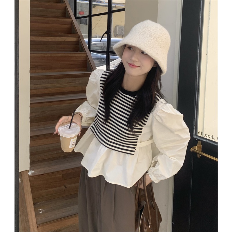 Áo Sơ Mi Nữ Dài Tay Cổ Tròn Sọc Ngang Thời Trang Hàn Mới