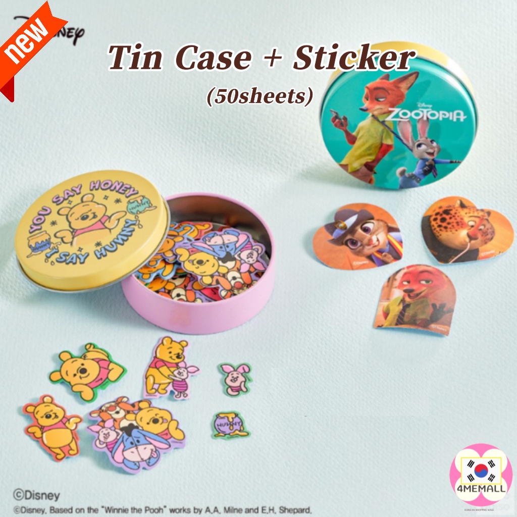 DAISO DISNEY Hộp Thiếc Hình Hoạt Hình Winnie The Pooh Zootopia Kèm 50 Miếng Dán Trang Trí Nhật Ký
