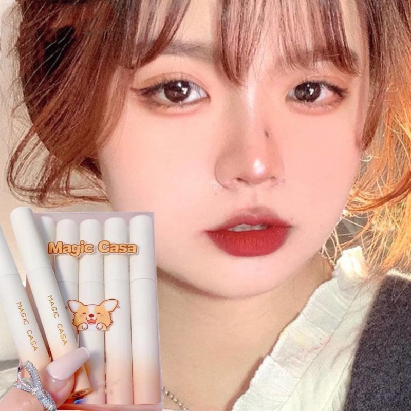 Set 5 Son Môi MAGIC CASA Dạng Lỏng Chống Thấm Nước Lâu Trôi Không Dính Thành Cốc Thiết Kế Hình Chú Chó Dễ Thương Phong Cách Hàn Quốc