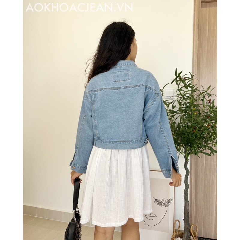 Áo khoác Jean nữ dài tay, 2 túi dáng ngắn phong cách Ulzzang