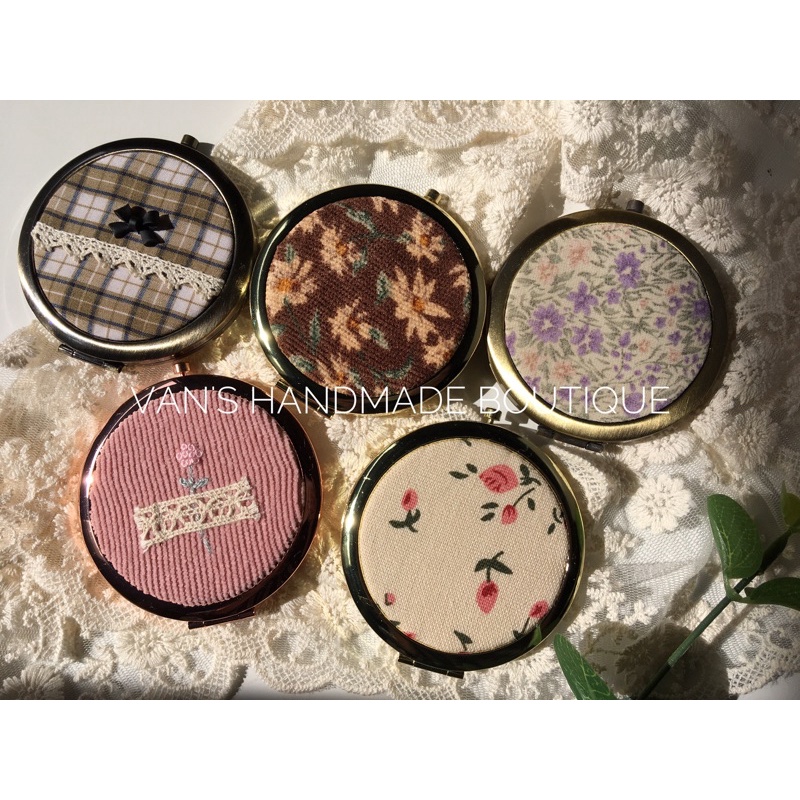 Gương mini bỏ túi, gương bọc vải HandMade Vintage