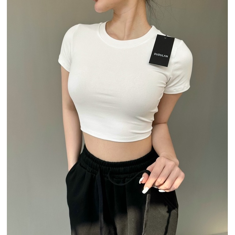 Áo croptop ngắn tay cổ tròn ANNAKIKI chất liệu cotton ôm sát- A08