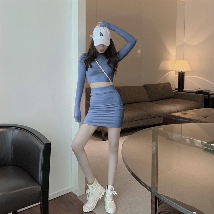 Bộ Áo Croptop Dài Tay + Chân Váy Dệt Kim Ôm Dáng Gợi Cảm Dành Cho Nữ