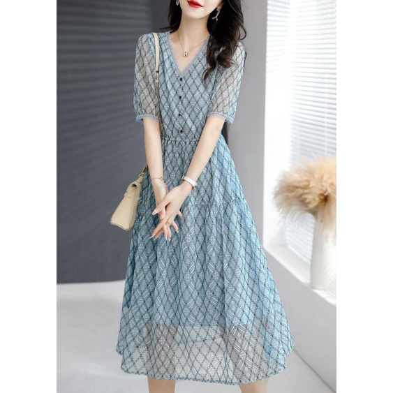Đầm Chiffon Dáng Rộng Phối Ren Màu Xanh Dương Thời Trang Mùa Hè Xinh Xắn Cho Nữ