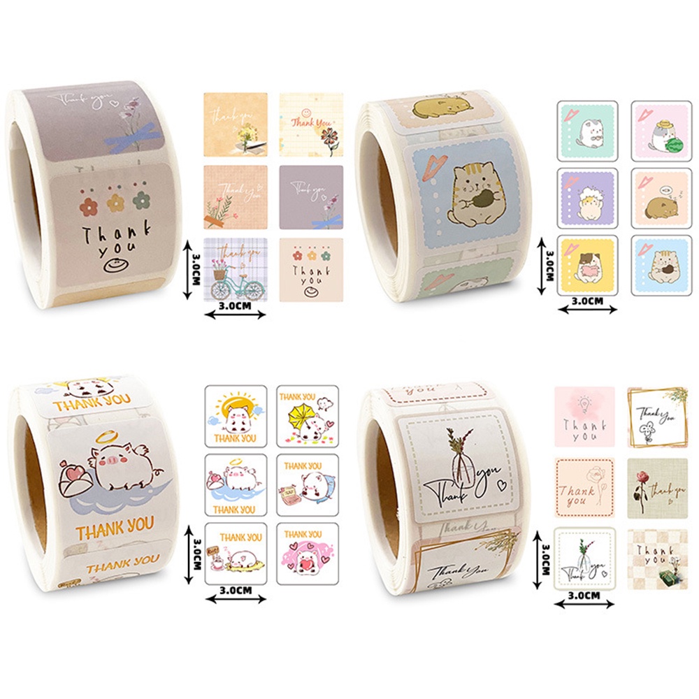 Cuộn 300 Nhãn Dán Vuông Họa Tiết Hoạt Hình thank you Trang Trí Gói Quà
