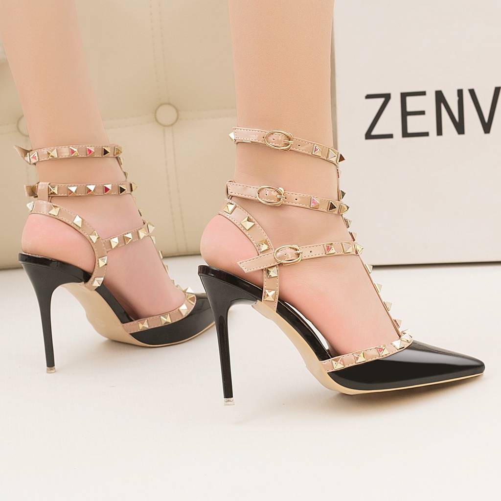 Giày Cao Gót Sandal Nữ Quai Đính Đinh Tán Gợi Cảm