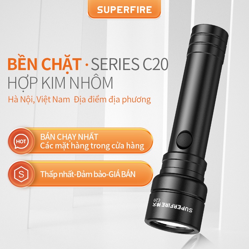 Đèn Pin Siêu Sáng SUPERFIRE C20 cầm tay công suất 15W chống nước sạc bằng cáp usb tiện dụng cho hoạt động ngoài trời