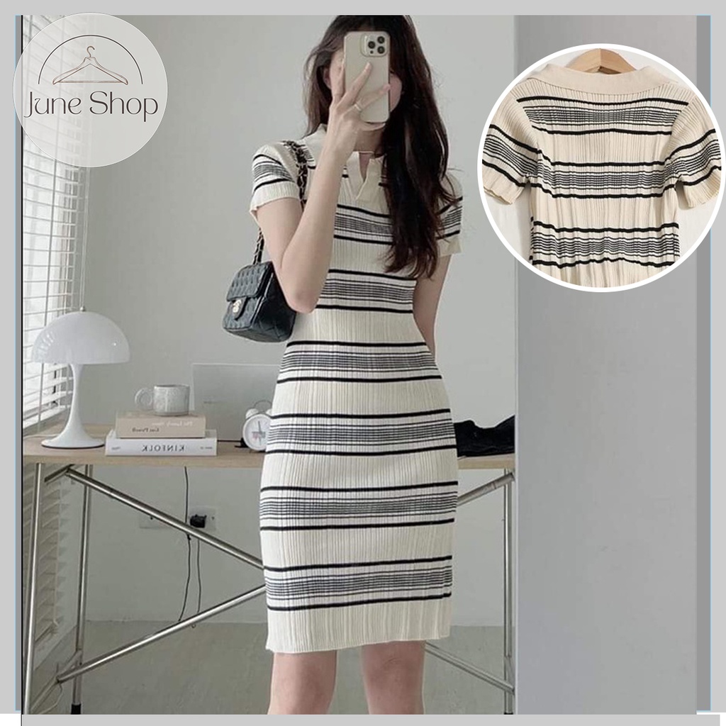 Đầm Len Kẻ Dáng Suông Cổ Sơ Mi ,Váy Đầm Polo Sọc Ngắn Tay Ôm Body Tôn Dáng ,Thun Len Qc Đầm Maxi Dệt Kim Tay Ngắn Cổ pol