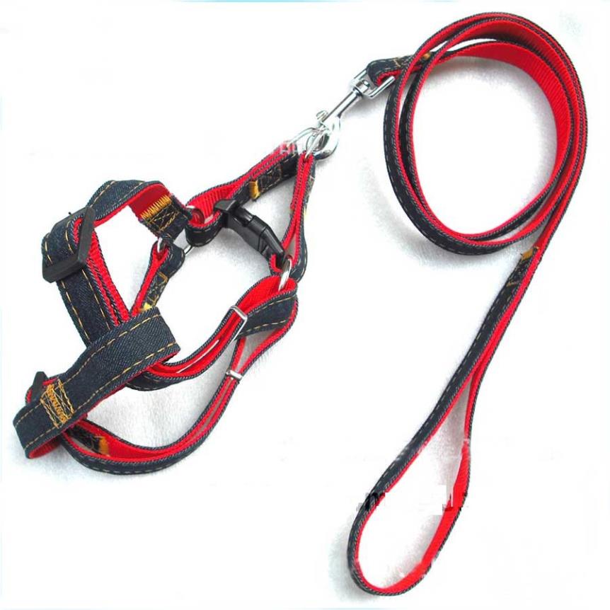 New- Hanpet - Bộ Dây dắt chó mèo kèm yếm loại vải bò Dây xích chó mèo vải jean bền chắc