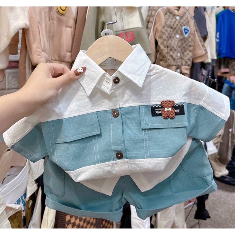 Bộ bé trai,Set áo sơ mi logo phối màu đũi xước cho bé 8-20kg