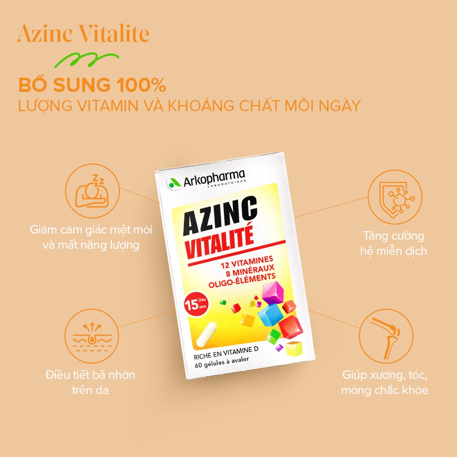 Viên uống Arkopharma Azinc Vitalite bổ sung vitamin và khoáng chất (60 viên/120 viên)