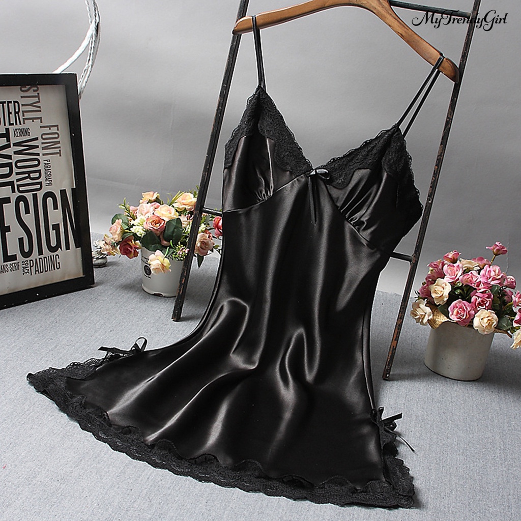 Đầm Ngủ Satin Hai Dây Phối Ren Màu Sắc Đơn Giản Cho Nữ