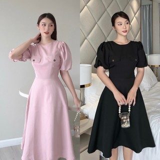 Đầm dự tiệc thiết kế tay phồng nắp túi đính nút hnk353