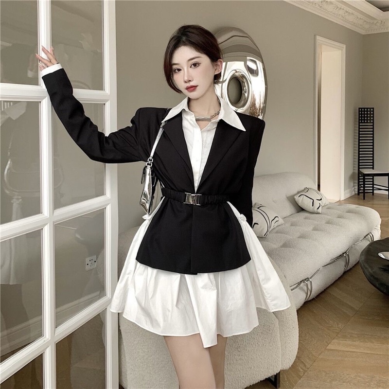 (có ảnh thật) Set Váy sơ mi + Áo khoác vest phong cách tiểu thư hàn quốc