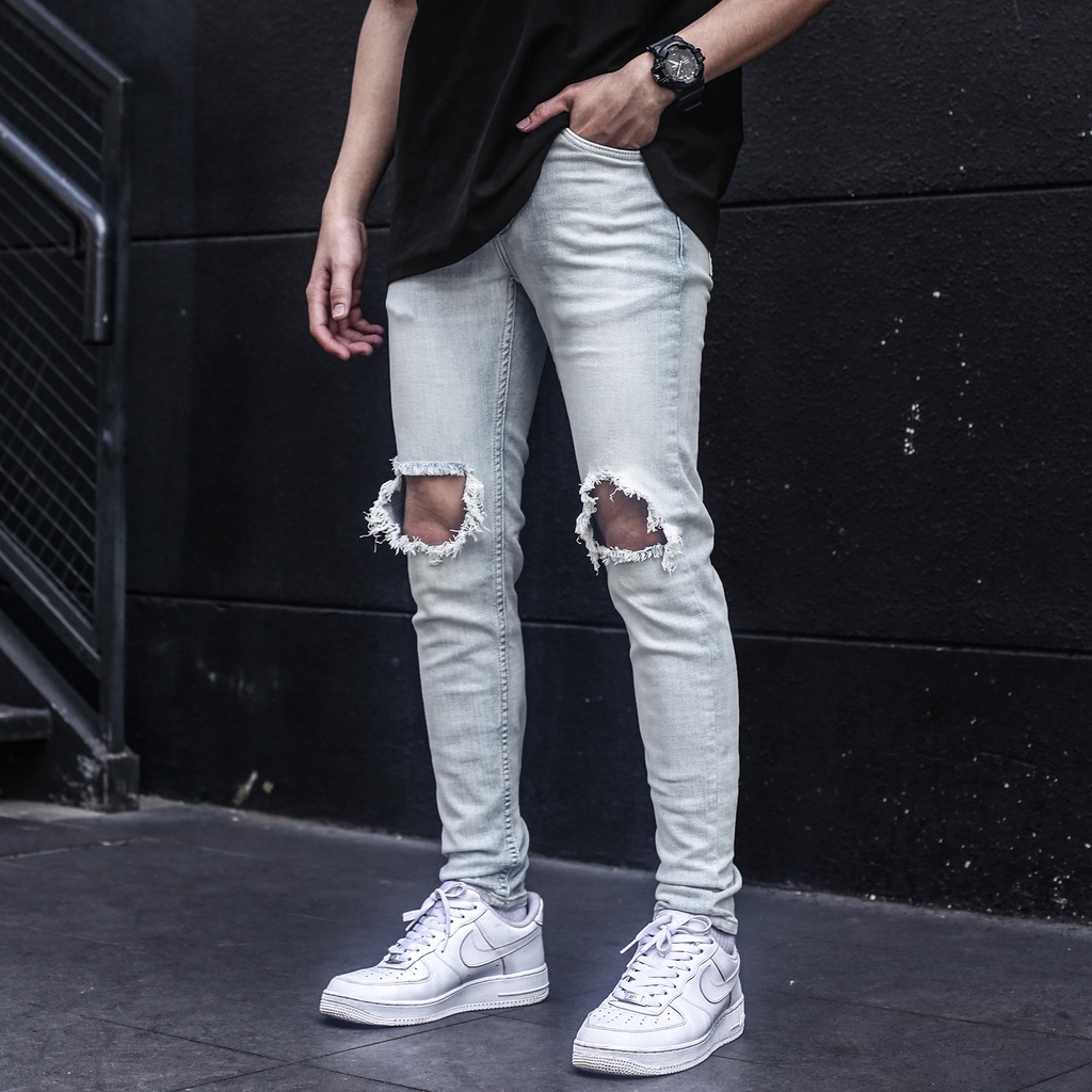 Quần Jeans Nam Màu Xanh Nhạt Rách To Hai Bên Gối Form Skinny Co Giãn Chất Liệu Cotton | BigBuy360 - bigbuy360.vn