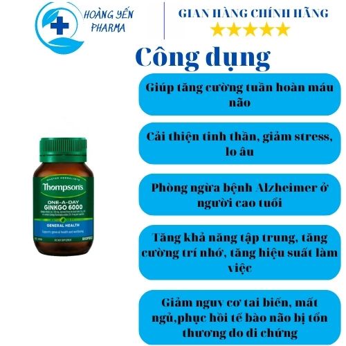 Viên uống bổ não,tuần hoàn máu não Thompson's Ginkgo 6000 Úc 60 viên cải thiện trí nhớ,tập trung - Hoàng Yến Pharma