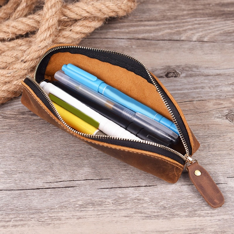 Túi Đựng Bút Bằng Da Có Khóa Kéo Cho Nam Nữ