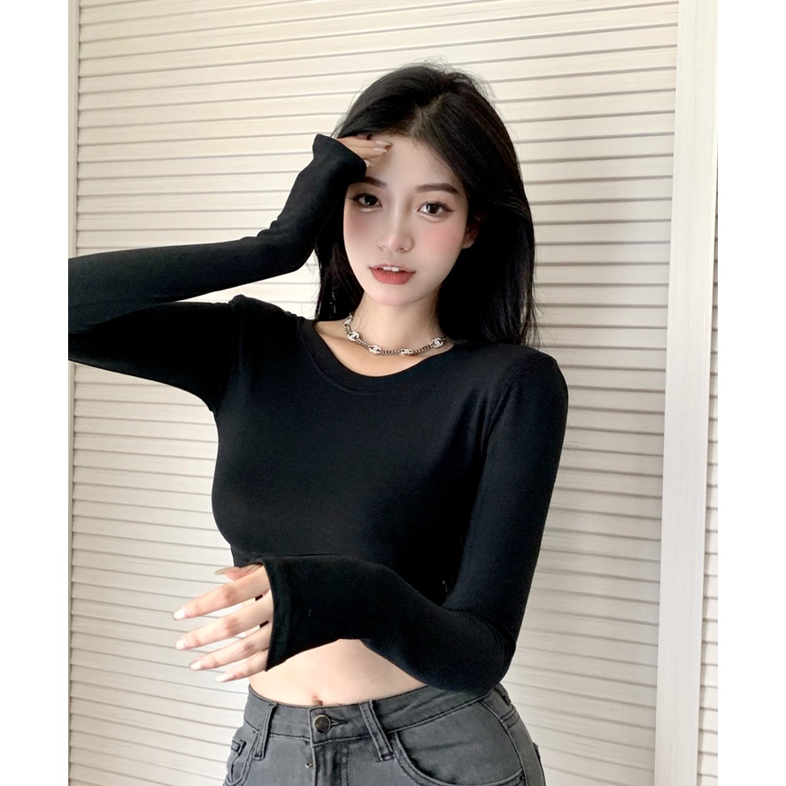 Áo Croptop Dài Tay Xỏ Ngón RANSHI HÀNG LOẠI 1 Áo Thun Cổ Tròn Và Cổ Cao Màu Trơn Thiết Kế Basic Dễ Phối Đồ - RA092