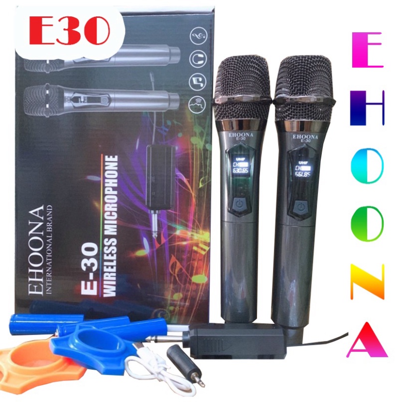 Bộ 2 micro hát karaoke E30 không dây UHF pin sạc, cực hay