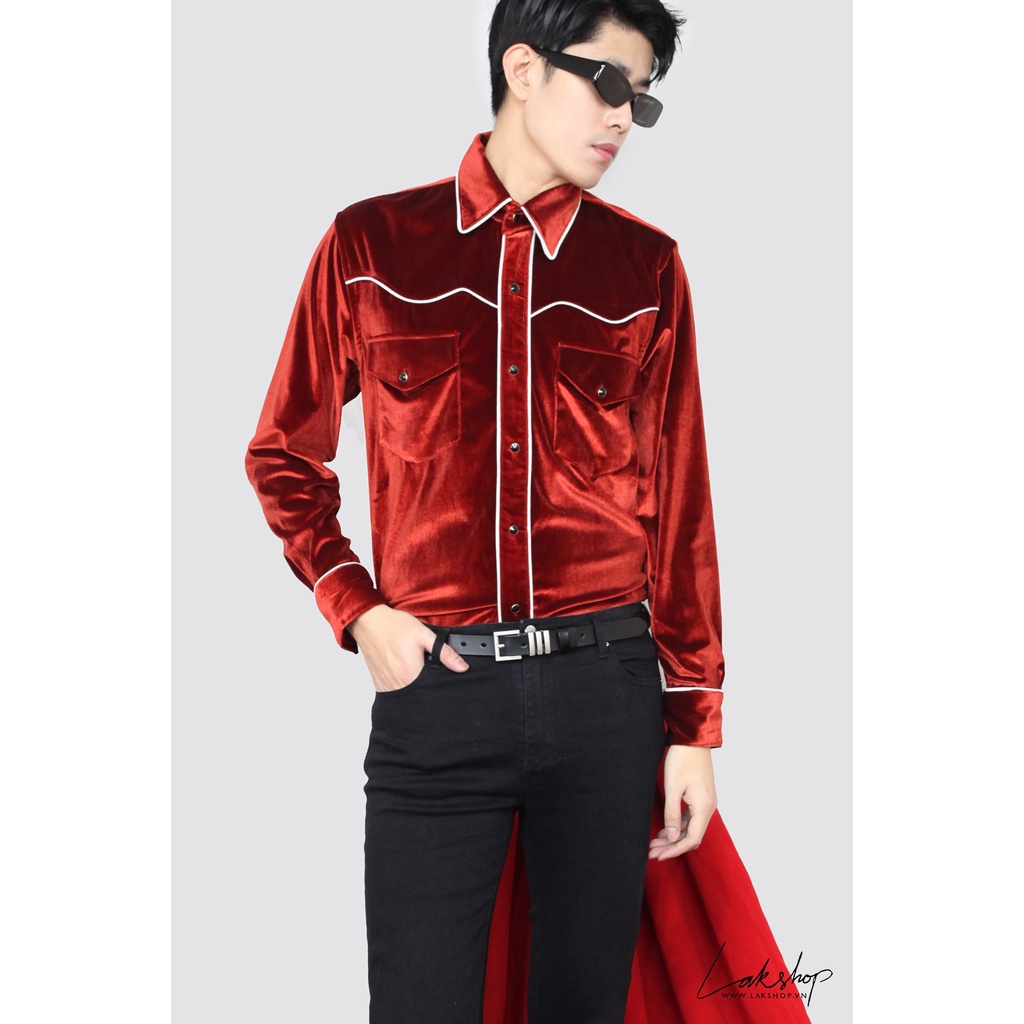 Áo sơmi nhung đỏ Lak Studios Black Velvet Western Shirt