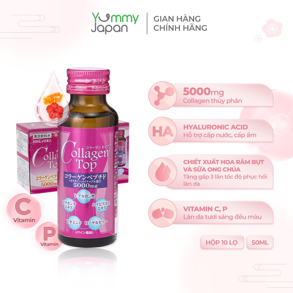 Nước uống Collagen Top SHINNIPPAI Nhật Bản giúp da căng mịn, chống lão hóa hộp 10 chai 50ml